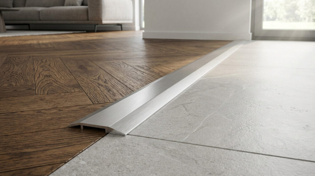 Un profilé de transition en aluminium brossé relie harmonieusement un parquet en bois foncé et un carrelage gris moderne.