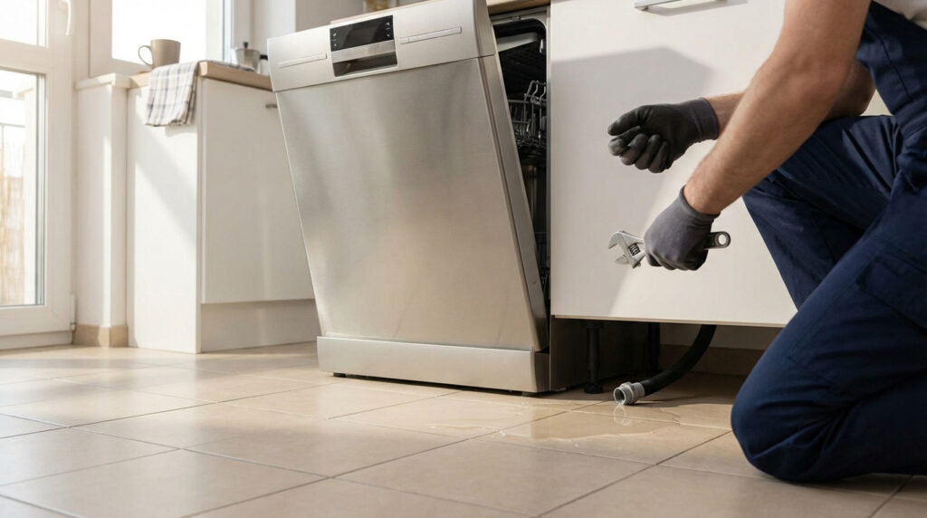 Technicien à genoux, en gants, répare un lave-vaisselle qui déborde, tenant une clé à molette. Eau visible sur le carrelage.