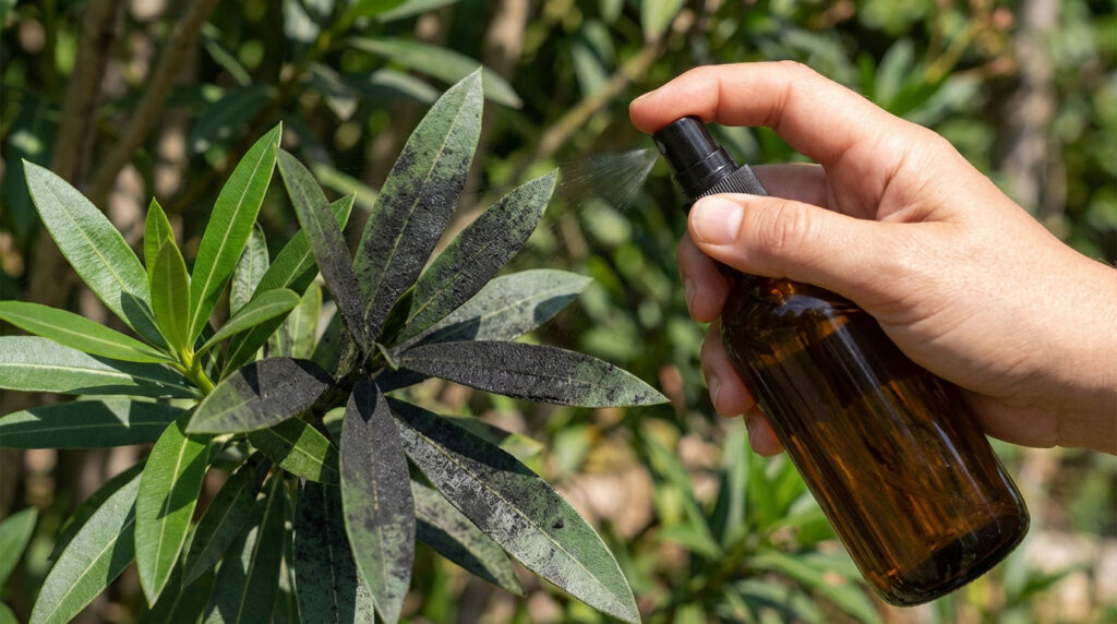 Main pulvérisant un traitement sur des feuilles de laurier-rose noircies par la fumagine.