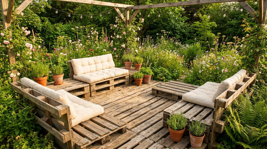 Terrasse de jardin rustique en palettes. Sièges avec coussins clairs, pots de plantes, guirlande lumineuse, au milieu d'un jardin fleuri.