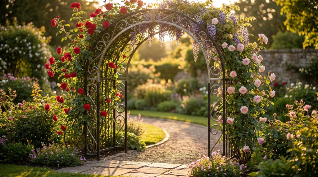 Arche de jardin en fer forgé couverte de roses rouges et roses pâles, un chemin de gravier serpente dans un jardin ensoleillé.