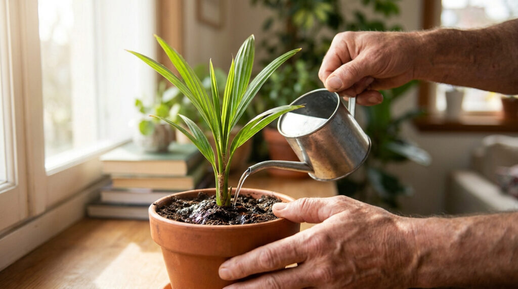 Main d'une personne arrosant un jeune palmier en pot avec un petit arrosoir près d'une fenêtre ensoleillée.