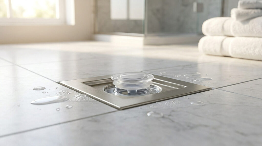 Gros plan sur un bouchon de douche anti-odeur en silicone inséré dans un drain métallique carré, avec des gouttes d'eau sur le carrelage.