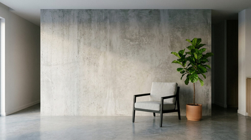 Un intérieur moderne avec un mur en béton brut, un fauteuil gris minimaliste et une grande plante verte en pot. Lumière naturelle.
