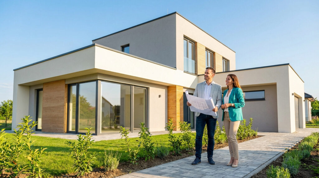 Un couple souriant avec des plans devant une maison neuve de style moderne sous un ciel bleu dégagé. L'homme est probablement un architecte.
