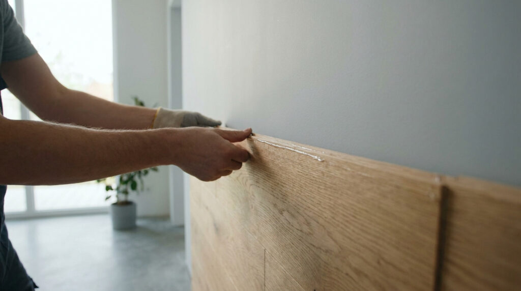Mains collant un panneau de bois clair (lambris) sur un mur gris. De la colle est visible sur le bord supérieur du panneau.