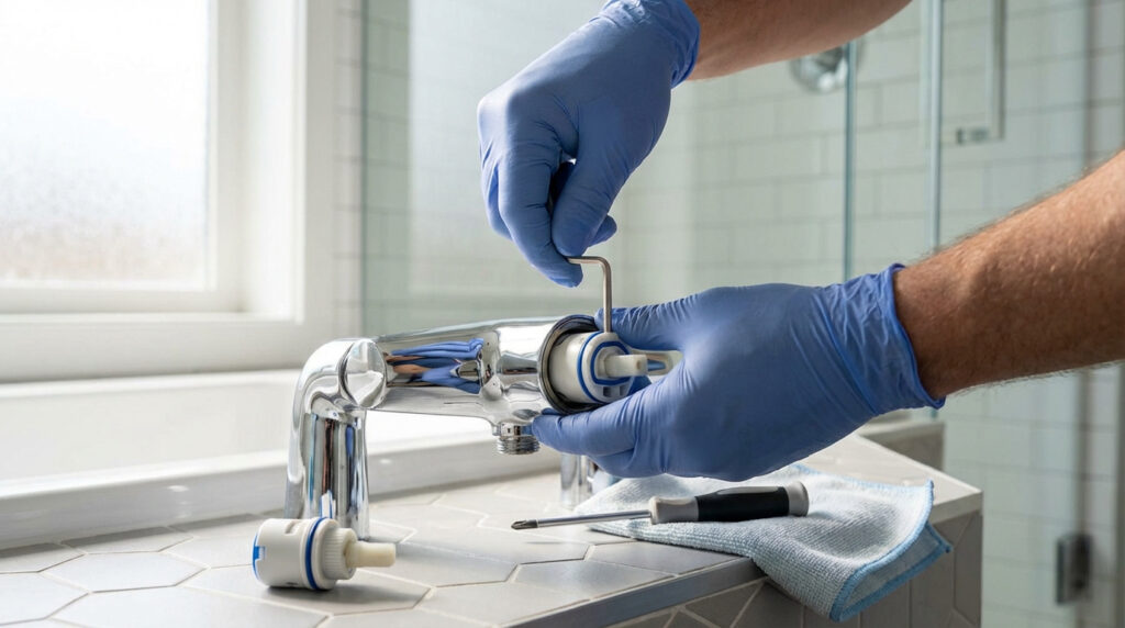 Gros plan sur des mains gantées de bleu démontant un mitigeur de douche chromé avec une clé Allen. Une cartouche et un tournevis sont visibles.