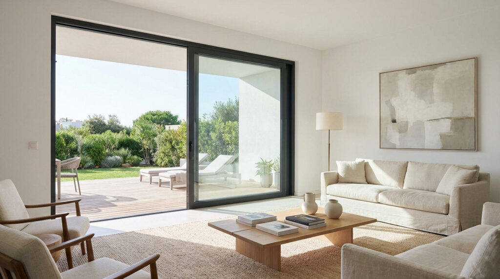 Salon lumineux avec grande baie vitrée coulissante noire donnant sur un jardin verdoyant avec terrasse en bois et transats.