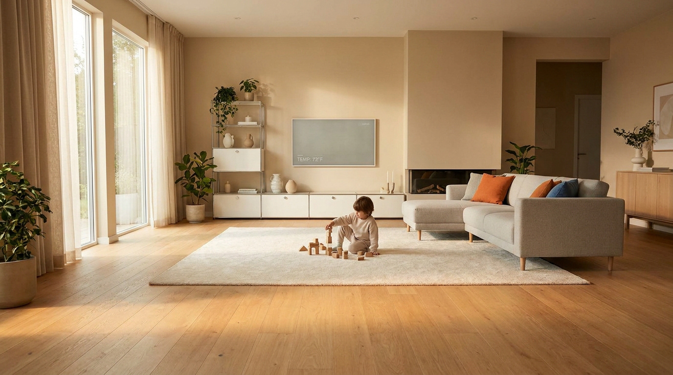 Enfant jouant sur un tapis dans un salon moderne avec parquet, grandes fenêtres, canapé gris et écran mural affichant 72°F.