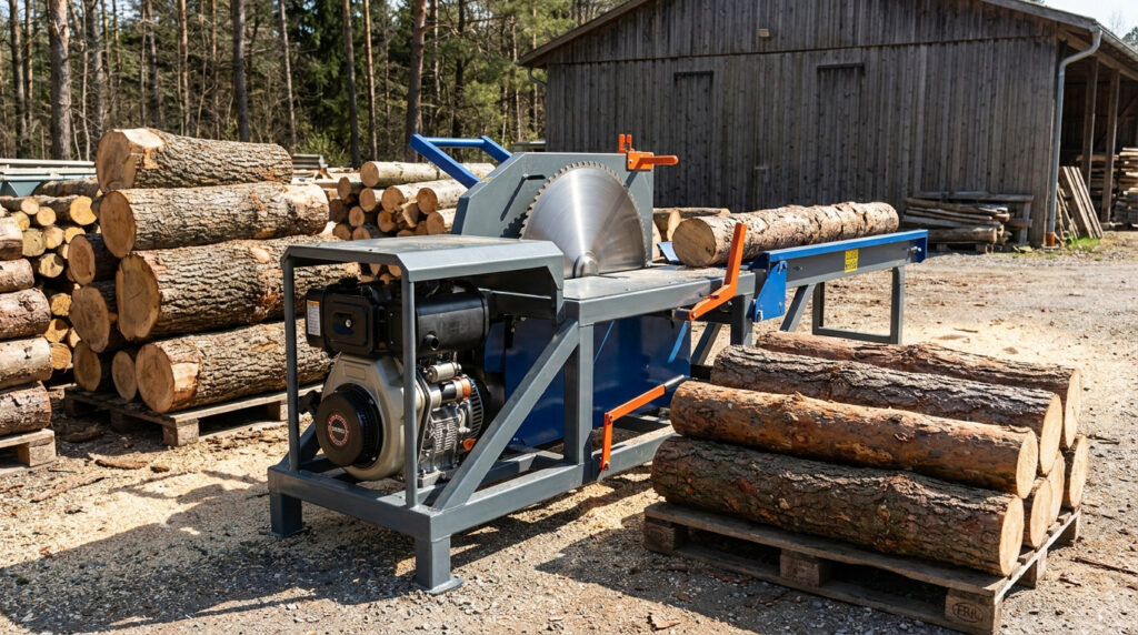 Scie circulaire à bûches avec moteur thermique, entourée de piles de troncs de bois bruts, sur un terrain extérieur devant un bâtiment en bois et une forêt.
