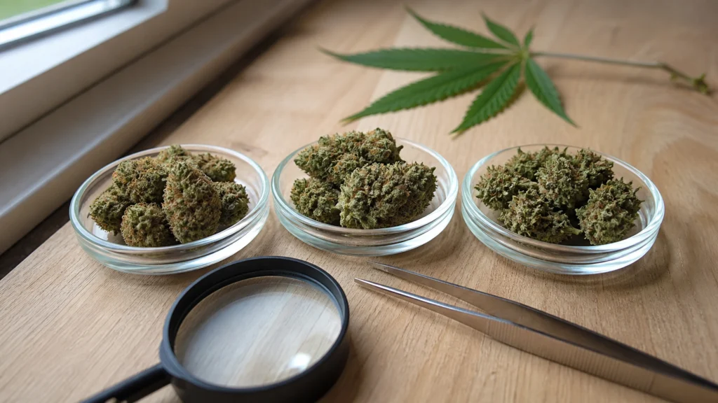 Sélection comparative de fleurs de chanvre CBD dans des coupelles en verre