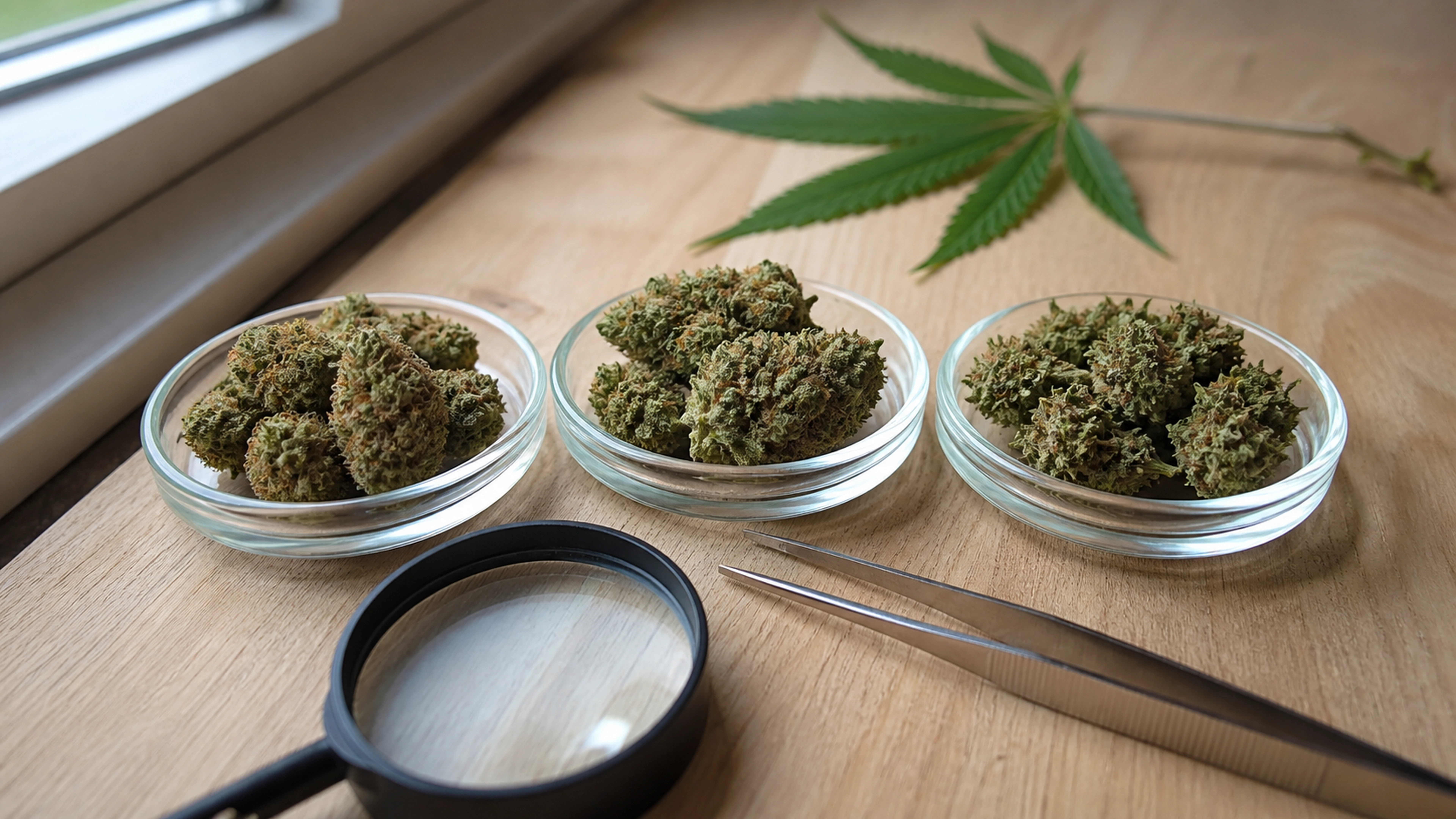 Sélection comparative de fleurs de chanvre CBD dans des coupelles en verre
