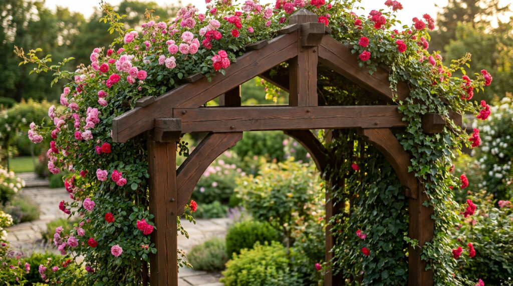 Une solide arche de jardin en bois sombre recouverte de rosiers en fleurs roses dans un jardin ensoleillé.
