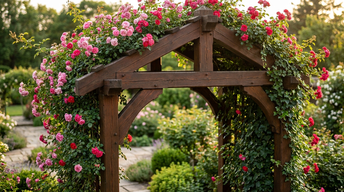 Une solide arche de jardin en bois sombre recouverte de rosiers en fleurs roses dans un jardin ensoleillé.