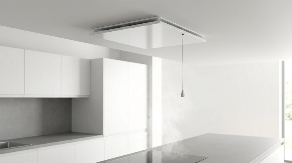 Bouche d'extraction VMC blanche avec cordelette de commande installée au plafond d'une cuisine moderne.