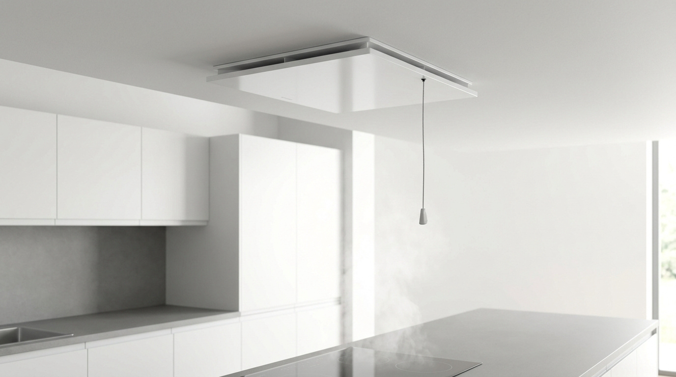 Bouche d'extraction VMC blanche avec cordelette de commande installée au plafond d'une cuisine moderne.