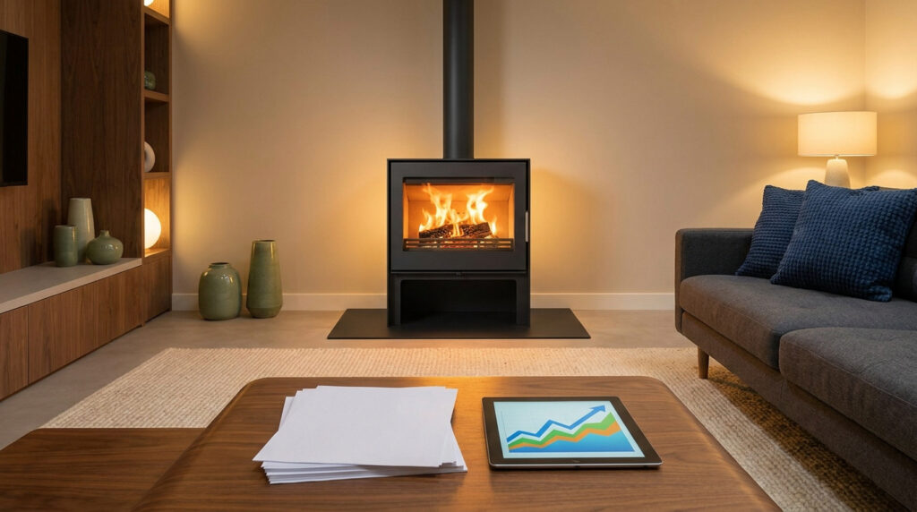 Poêle à bois moderne dans un salon chaleureux avec une tablette affichant des graphiques financiers sur la table.