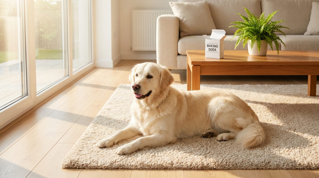 Un golden retriever couché sur un tapis près d'une boîte de bicarbonate de soude posée sur une table basse.