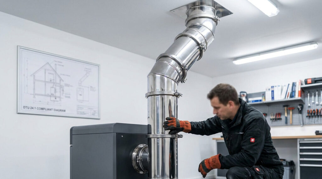 Technicien installant un conduit de fumée en acier inoxydable raccordé à une chaudière dans un local technique clair.