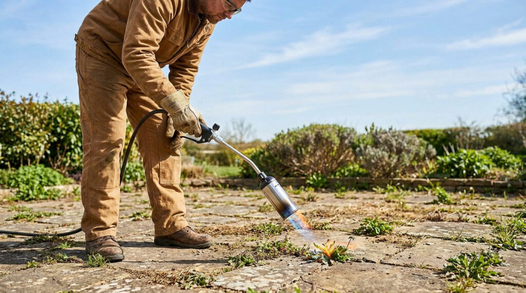 Un jardinier utilisant un désherbeur thermique à flamme pour éliminer les mauvaises herbes sur une terrasse en pierre.