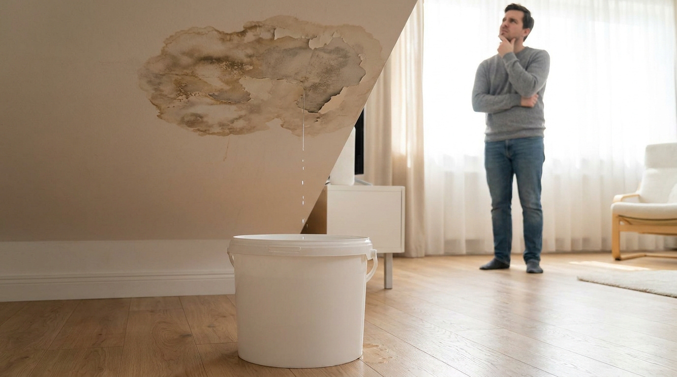 Un homme regarde avec inquiétude une fuite d'eau au plafond au-dessus d'un seau blanc posé au sol.