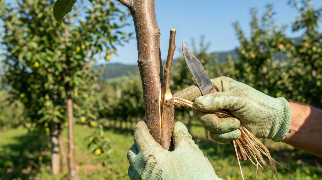 Gros plan sur des mains gantées réalisant une greffe en fente sur un jeune arbre fruitier dans un verger.