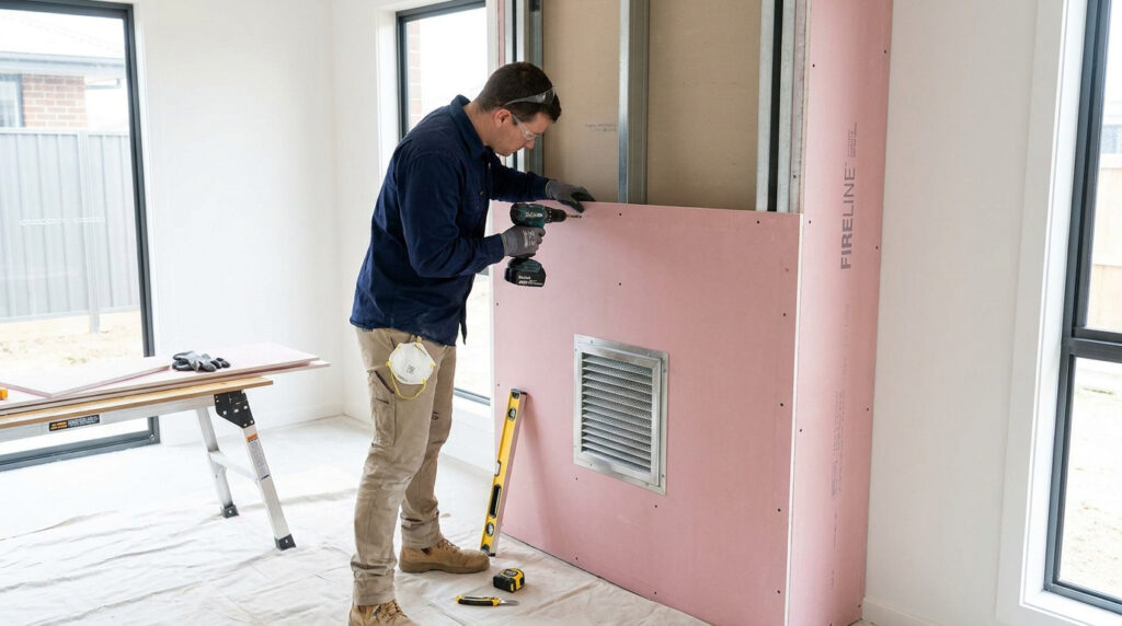 Un artisan installe une plaque de plâtre rose ignifugée sur une ossature métallique pour la structure d'une cheminée.