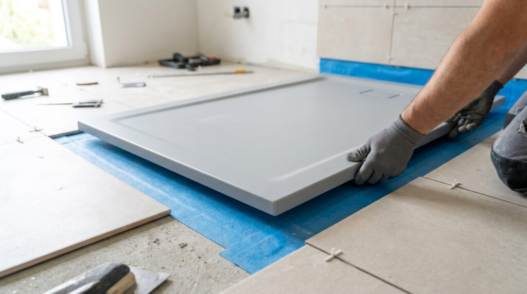 Artisan posant un receveur de douche gris sur une membrane d'étanchéité bleue dans une salle de bain en rénovation.
