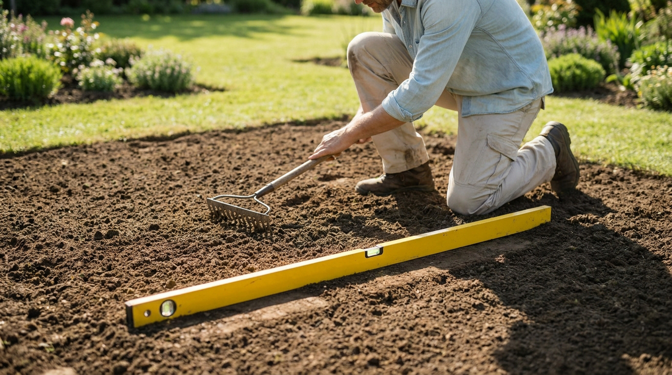 Un homme agenouillé dans son jardin utilise un râteau et un niveau à bulle jaune pour aplanir la terre.