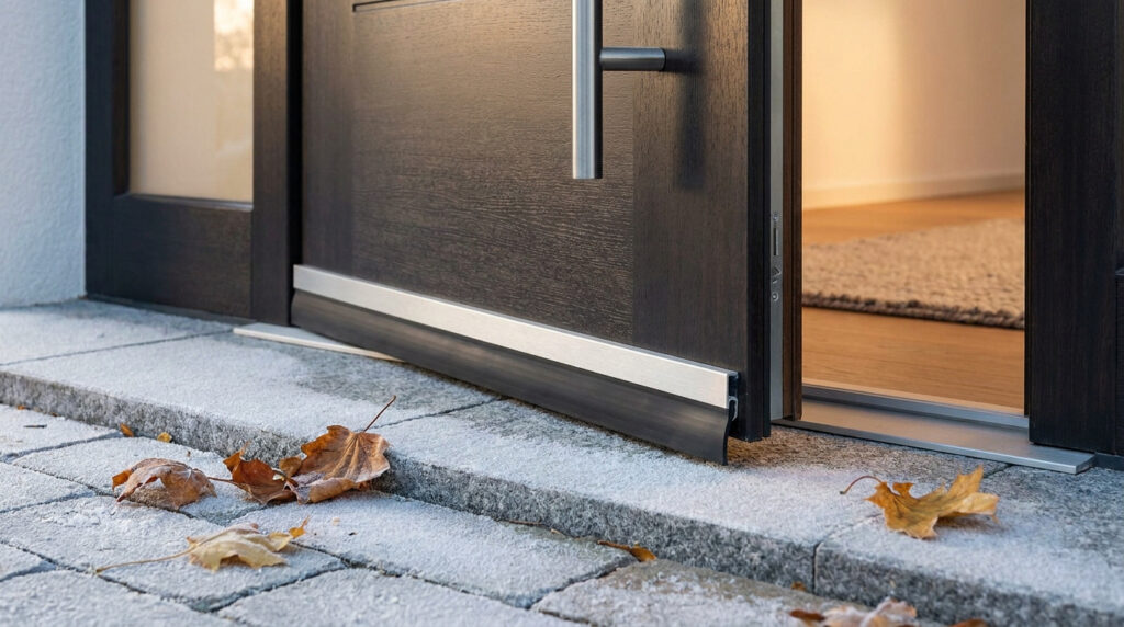 Bas de porte en aluminium avec joint caoutchouc sur une porte d'entrée sombre par temps froid.