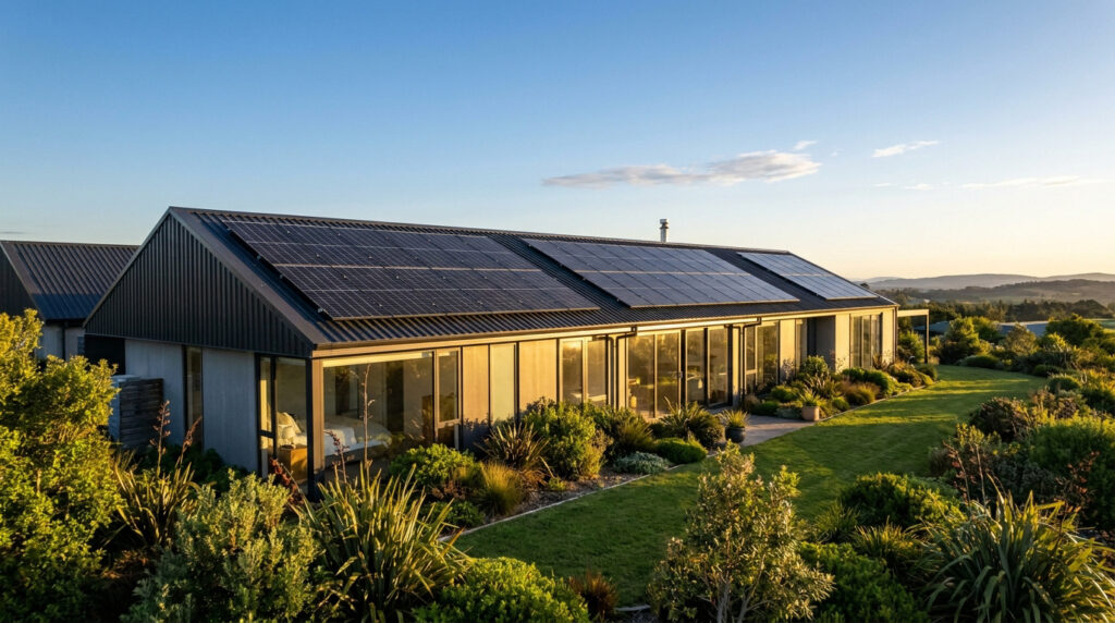 Une maison moderne avec un toit équipé de panneaux solaires photovoltaïques au coucher du soleil.
