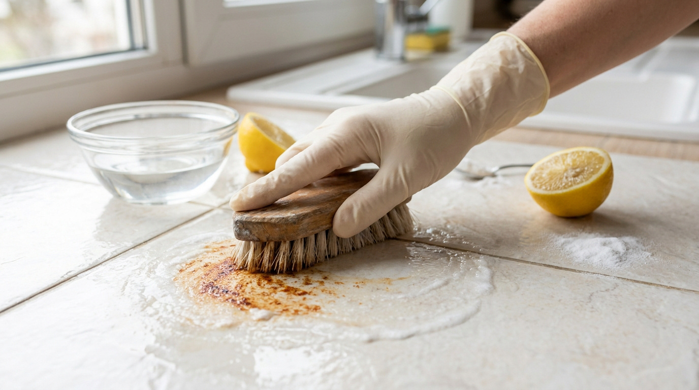 Une personne nettoie une tache de rouille sur du carrelage avec une brosse, du citron et du bicarbonate de soude.