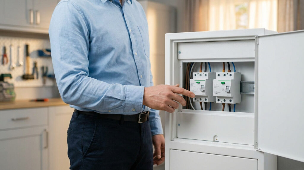 Un électricien pointe du doigt un composant à l'intérieur d'un tableau électrique ouvert.