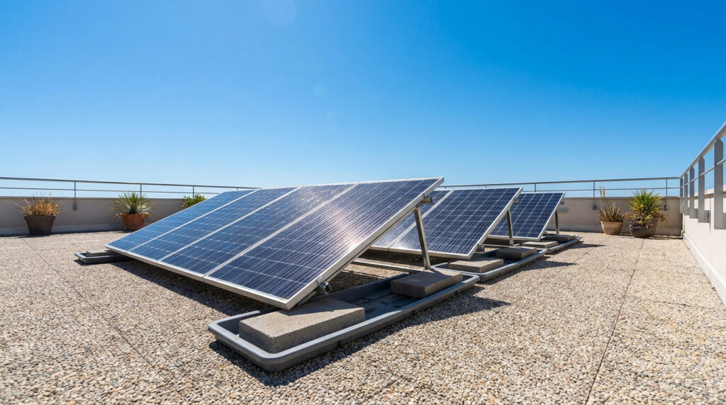 Panneaux solaires fixés dans des bacs lestés sur une toiture-terrasse gravillonnée sous un ciel bleu.