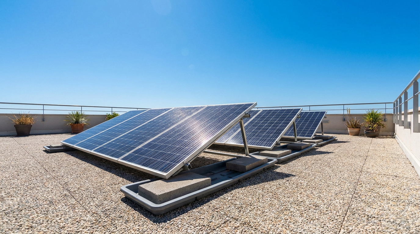 Panneaux solaires fixés dans des bacs lestés sur une toiture-terrasse gravillonnée sous un ciel bleu.