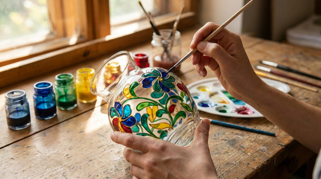 Mains d'artiste peignant un motif floral coloré sur un vase en verre avec un pinceau fin, entouré de pots de peinture.