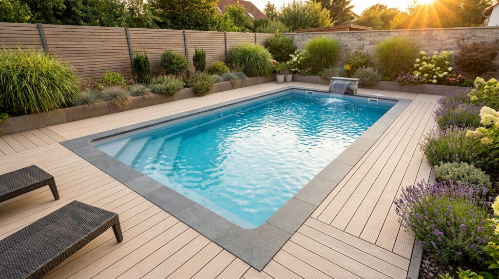 Piscine rectangulaire semi-enterrée avec terrasse en bois, chaises longues et jardin paysager au coucher du soleil.