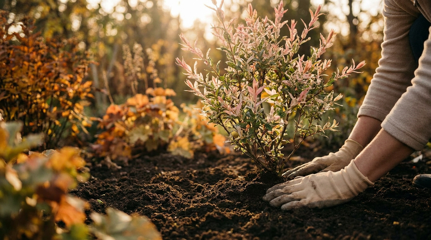 Mains gantées plantant un jeune saule crevette dans un jardin baigné par la lumière du soleil couchant.