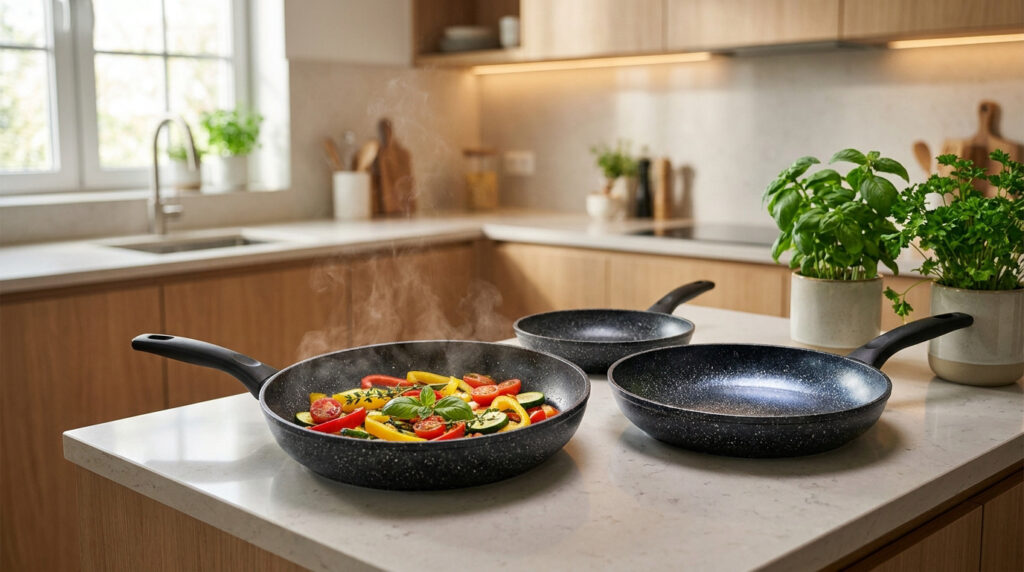 Set de poêles effet pierre sur un îlot de cuisine avec des légumes frais en train de cuire dans l'une d'elles.