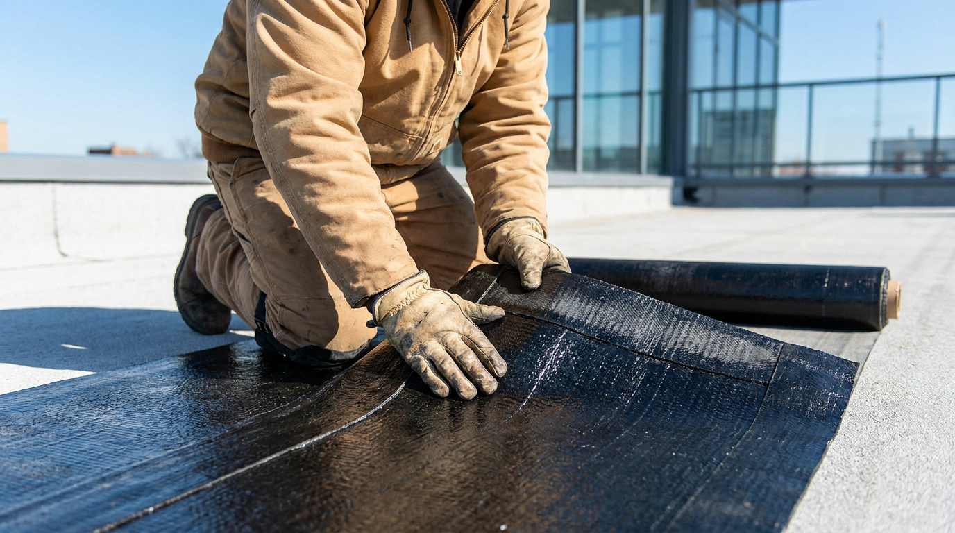 Un ouvrier du bâtiment pose une membrane d'étanchéité bitumineuse noire sur une terrasse de toit.