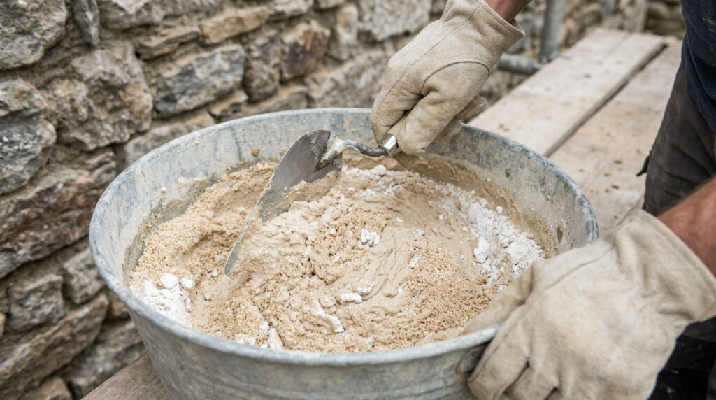 Un maçon portant des gants de protection mélange du mortier dans une auge en métal avec une truelle.
