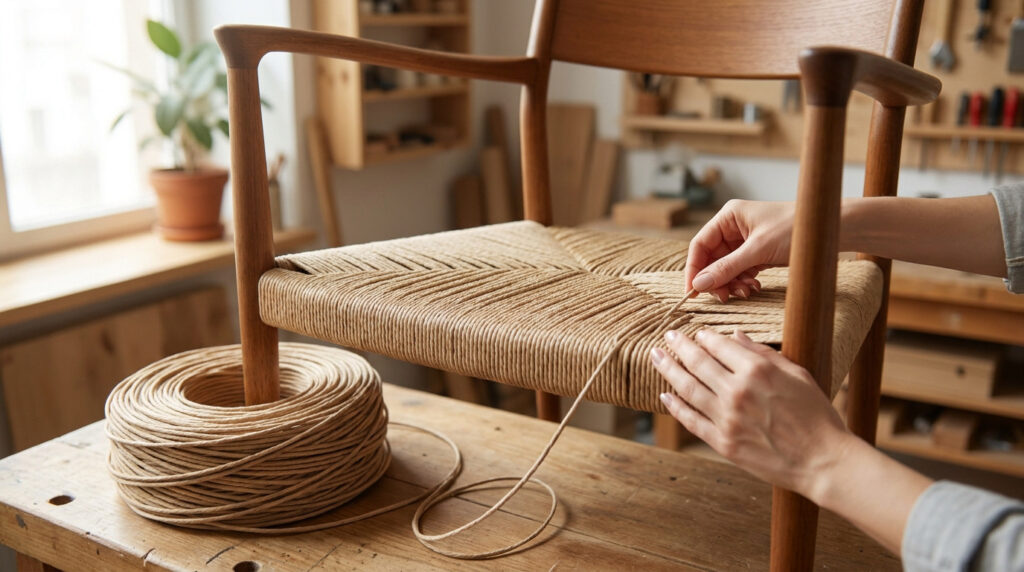 Mains d'un artisan en train de tresser de la corde sur l'assise d'une chaise en bois dans un atelier.