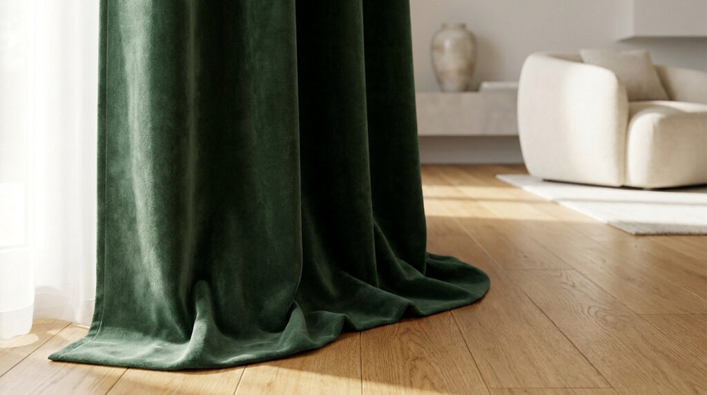 Gros plan sur un rideau en velours vert sombre qui tombe délicatement sur un parquet en bois clair dans un salon.