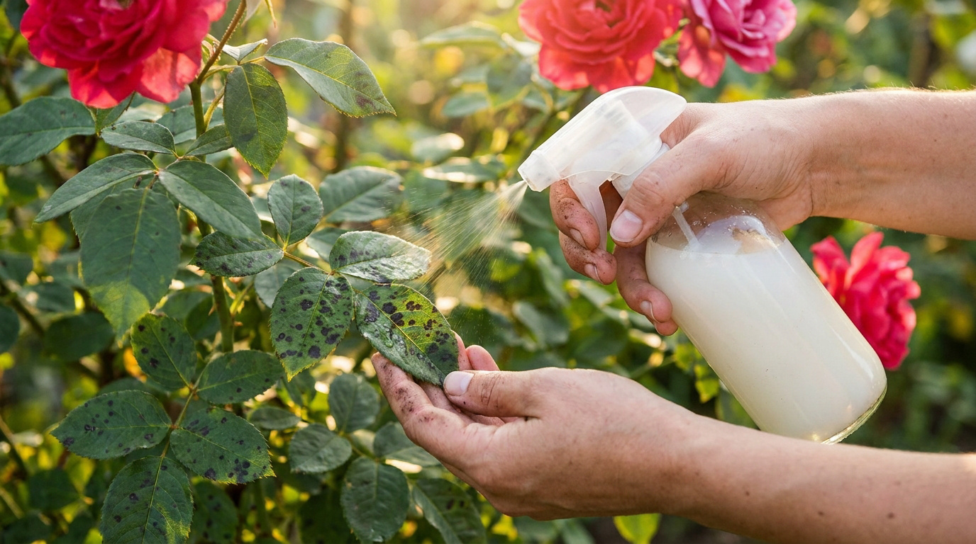 Une personne vaporise un traitement naturel sur les feuilles d'un rosier atteint par la maladie des taches noires.