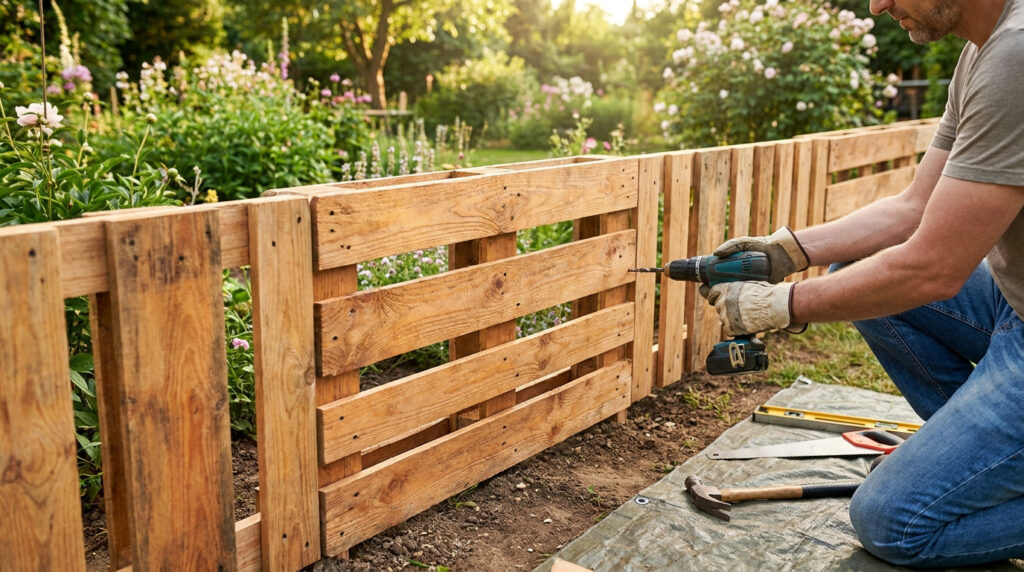 Un homme construit une clôture de jardin avec des palettes en bois à l'aide d'une perceuse sans fil.