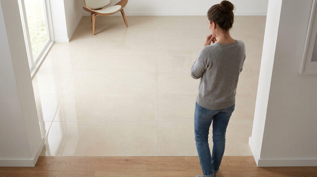 Une femme observe un carrelage fraîchement posé dans un salon lumineux.