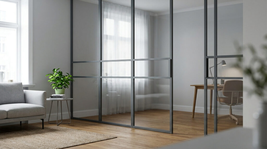 Verrière en métal noir séparant un salon d'un espace bureau lumineux avec parquet.