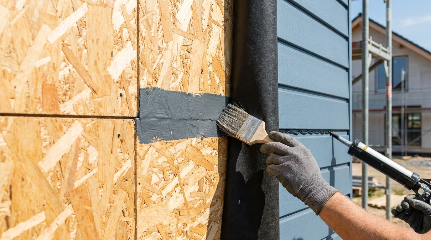 Ouvrier appliquant une protection sur un panneau OSB et installant un bardage extérieur.