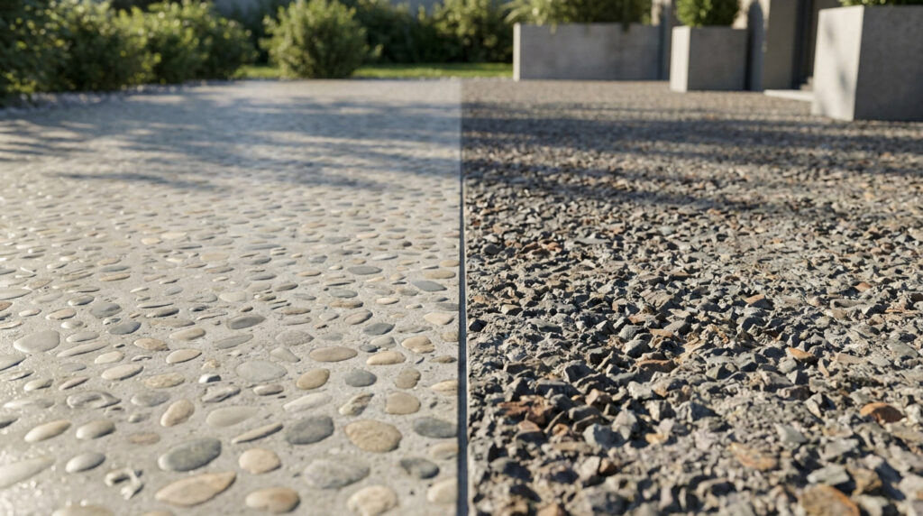 Comparaison visuelle entre un béton aux granulats arrondis et un béton aux graviers concassés.