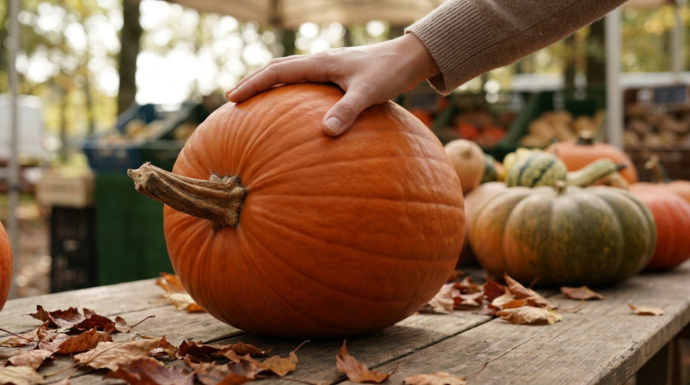 Une main posée sur un gros potiron orange mûr sur une table en bois parsemée de feuilles d'automne sèches.